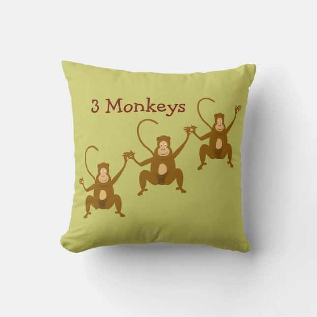 3 Monkeys Cute Cartoon Zoo or Jungle Animals Throw Pillow (Front)