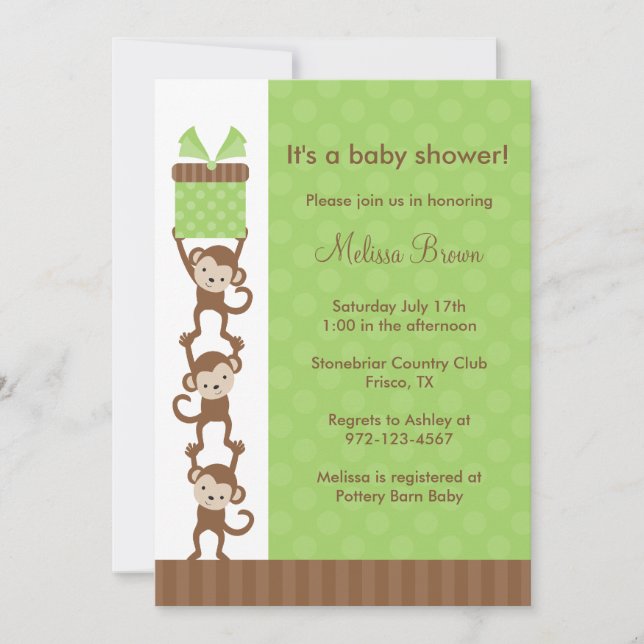 3 Monkeys Green Baby Shower Invitation (Front)