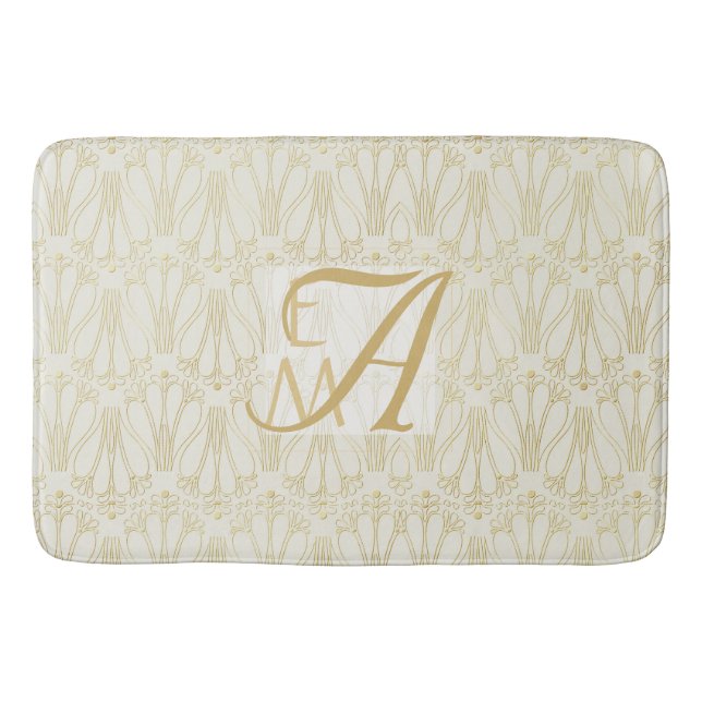 3 Monogram Art Deco Gold Cream Newlyweds Decor Bath Mat (Front)