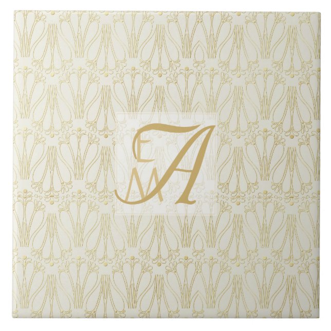 3 Monogram Art Deco Gold Cream Newlyweds Decor Tile (Front)