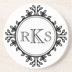 3 monogram royal letter black white leaf border coaster