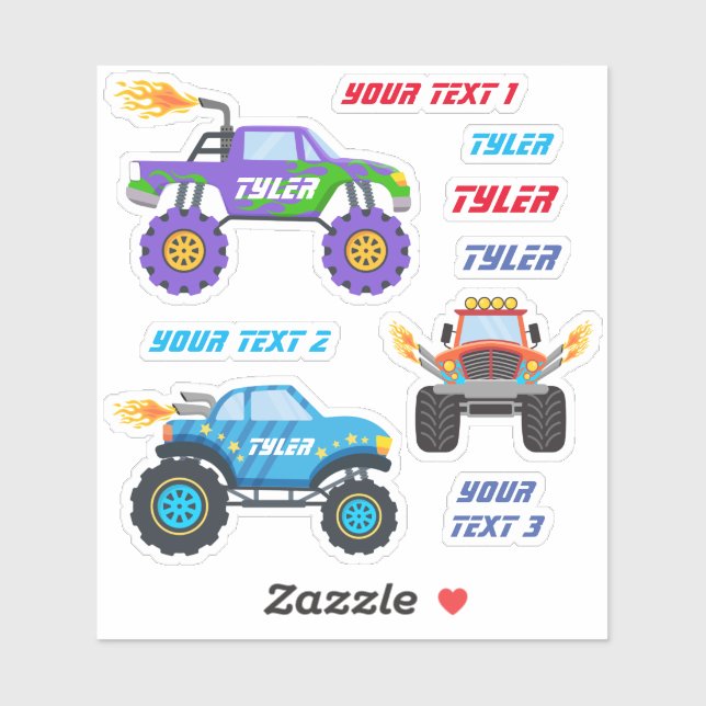 3 Monster Trucks With Flames, Names & Text Lines (Sheet)