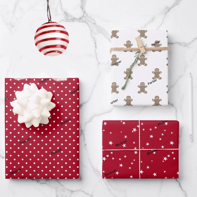 3 Names, Red & Gingerbread Man Patterns Holiday Wrapping Paper Sheet (Creator Uploaded)