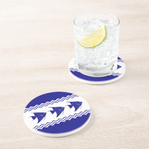 3 Navy Blue And White Coastal Decor Angelfish Coaster