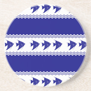 3 Navy Blue And White Coastal Pattern Angelfish Coaster