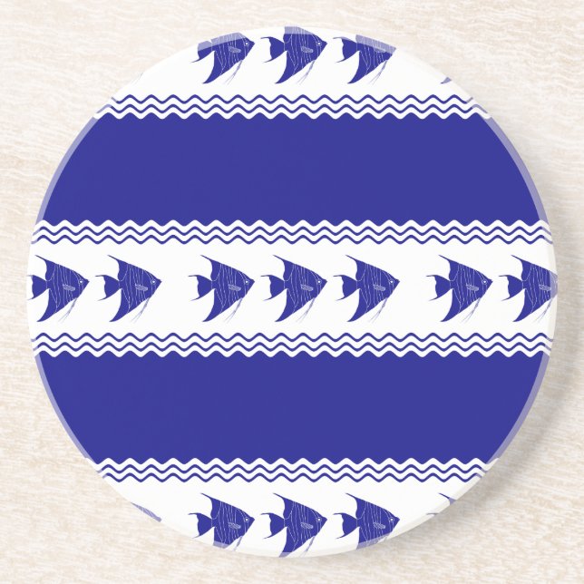 3 Navy Blue And White Coastal Pattern Angelfish Coaster (Front)