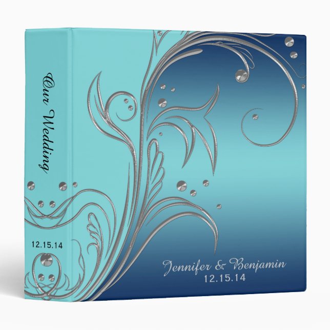 #3 Navy Blue Teal Silver Floral Scrolls Album Binder (Front/Spine)