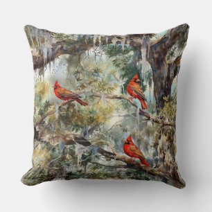 3 Northern Cardinals in Tree Throw Pillow