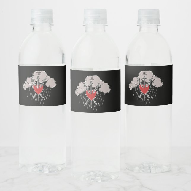 3 of Swords Love Heart Tarot Illustration Three Water Bottle Label (Bottles)