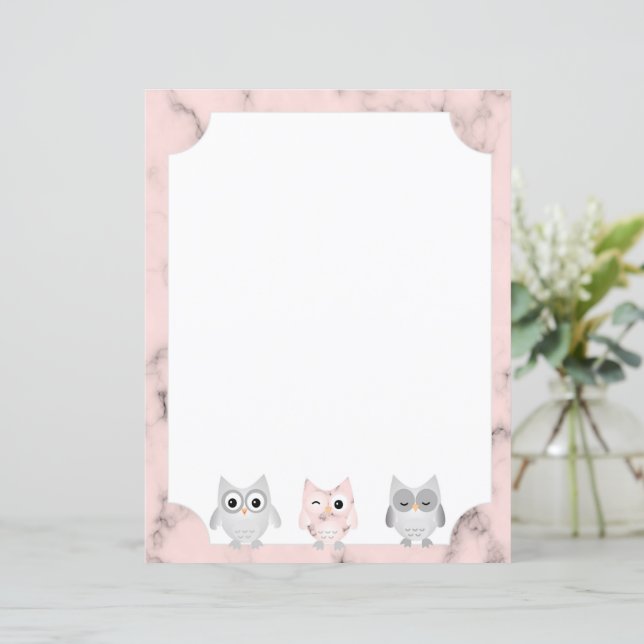 3 Owls Pink Marble Design Bordered Writing Paper (Standing Front)