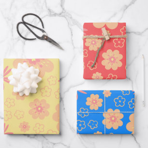 3 Pack Colourful Retro Floral Pattern Wrapping Paper Sheet