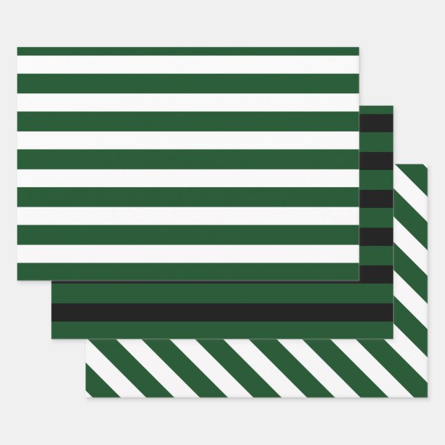 3 Pack: Dark Green & White Black Stripes Christmas Wrapping Paper Sheet (Set)
