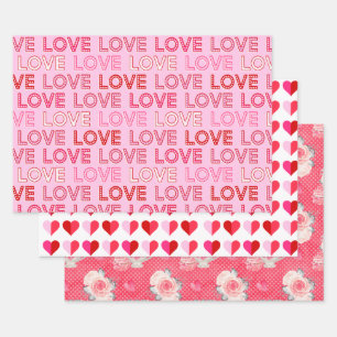 3 Pack Valentine's Day - Hearts, Roses and LOVE Wrapping Paper Sheet