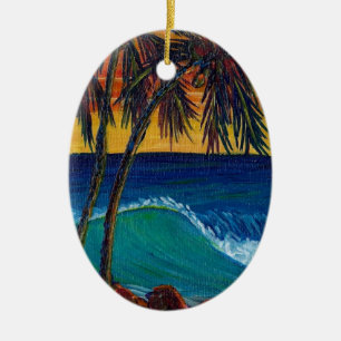 3 palm sunset ceramic ornament