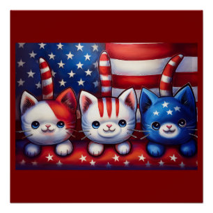 3 Patriotic Kittens In A Scene With American Flag Poster