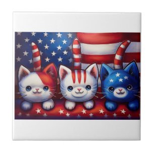 3 Patriotic Kittens In A Scene With American Flag Tile