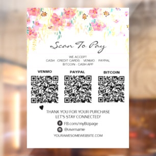 *~* 3 PAYMENTS Scan to Pay QR Floral  Window Cling