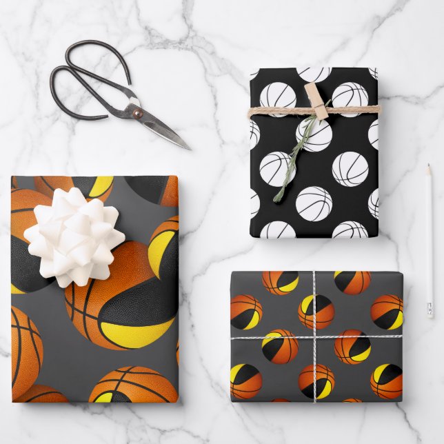 3 pc coordinating black gold basketballs wrapping paper sheet (Front)
