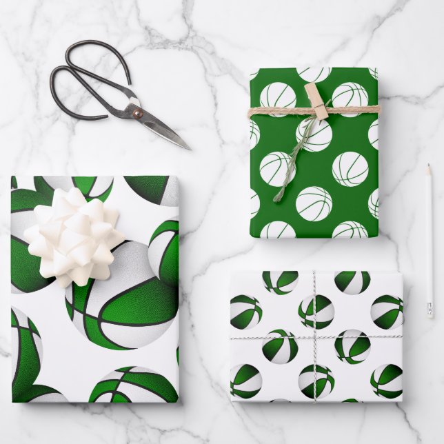3 pc coordinating green team colours basketballs wrapping paper sheet (Front)
