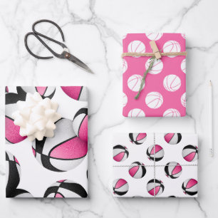 3 pc coordinating pink black basketballs wrapping paper sheet