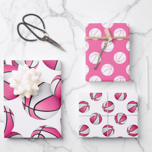 3 pc coordinating pink team colours basketballs wrapping paper sheet (Front)
