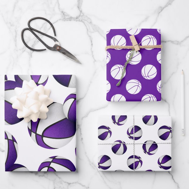 3 pc coordinating purple team colours basketballs wrapping paper sheet (Front)