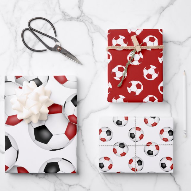 3 pc coordinating red black team colours soccer wrapping paper sheet (Front)