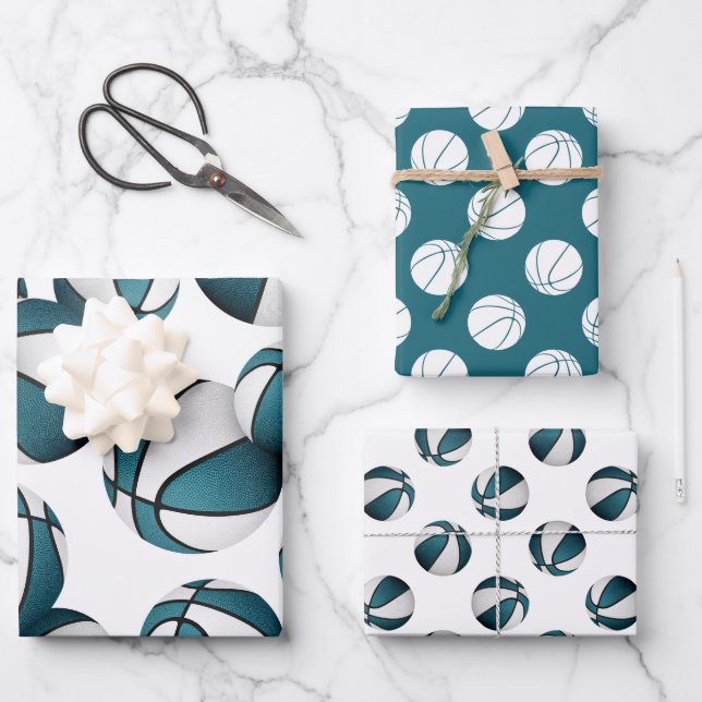 3 pc coordinating teal team colours basketballs wrapping paper sheet (Front)