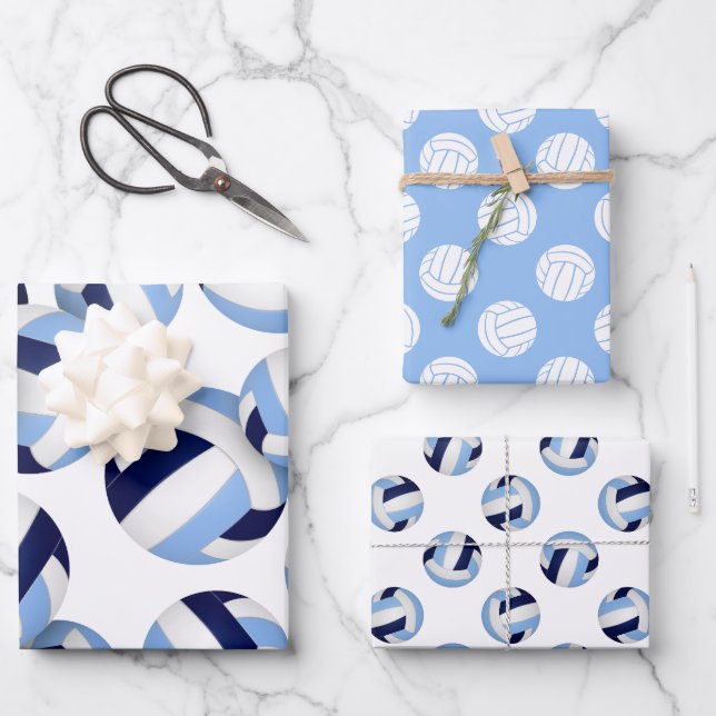 3 pc set navy light blue team colours volleyballs wrapping paper sheet (Front)