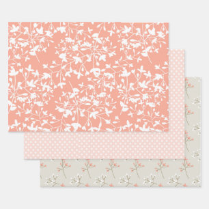 3 pc Set Peach and Tan Floral and Pink Polka Dots Wrapping Paper Sheet