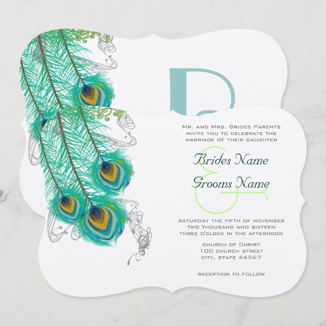 3 Peacock Feathers  Wedidng Invite (Front/Back)
