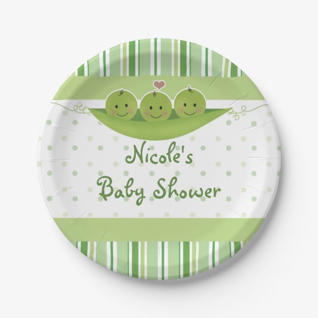 3 Peas in a Pod Triplets Baby Shower Party Custom Paper Plate (Front)