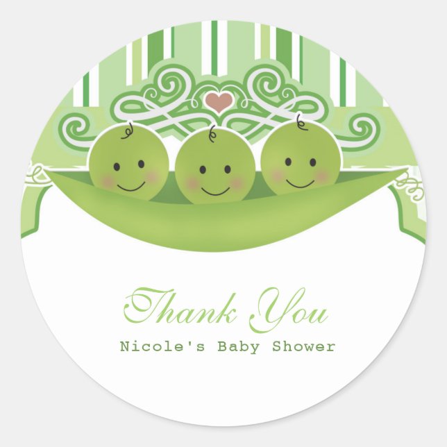 3 Peas in a Pod Triplets Baby Shower Party Favour Classic Round Sticker (Front)