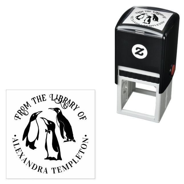 3 Penguins Silhouette “From the Library of” Name Self-inking Stamp (In Situ)