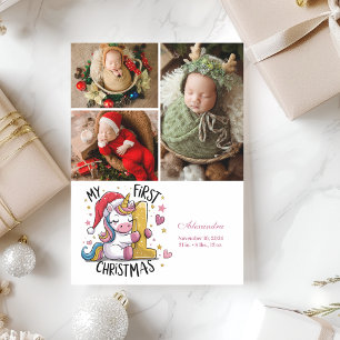3 Photo 1st Baby Christmas Pink Gold Unicorn Holiday Card