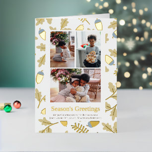 3 Photo Acorn Pattern Seasons Greetings Foil Holiday Card