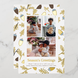 3 Photo Acorn Pattern Seasons Greetings Foil Holiday Card