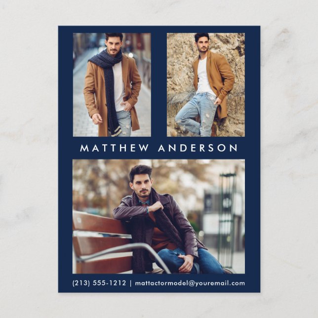 3 Photo Actor Model Comp Card Postcard Blue (Front)