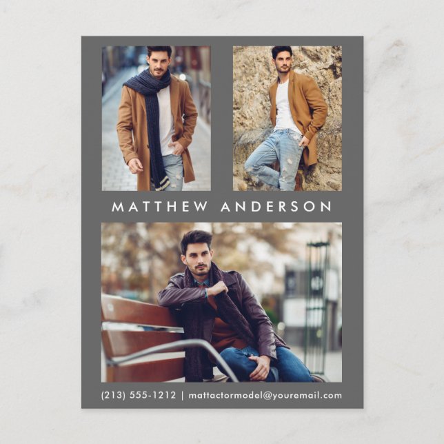 3 Photo Actor Model Comp Card Postcard Grey (Front)