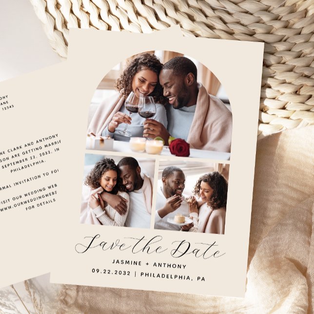 3-Photo Arch Collage Beige Save the Date Postcard (Creator Uploaded)