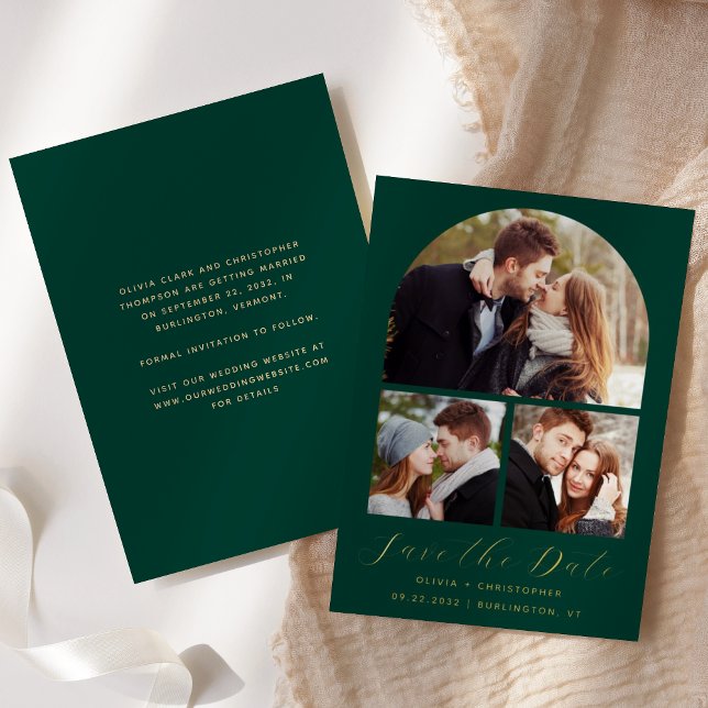 3-Photo Arch Emerald Green Gold Save the Date (Creator Uploaded)