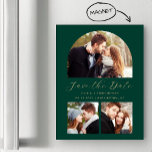 3-Photo Arch Emerald Green Gold Save the Date Magnetic Invitation<br><div class="desc">This simple, minimalist Save the Date magnetic card features a custom photo arch above the words "Save the Date" in elegant gold-coloured handwriting script, followed by the couple's names, wedding date and city in sans serif font on an emerald green background. Two smaller, square photos appear at the bottom of...</div>