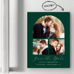 3-Photo Arch Emerald Green Gold Save the Date Magnetic Invitation<br><div class="desc">This simple,  minimalist Save the Date magnetic card features a 3-photo collage arch above the words "Save the Date" in elegant gold-coloured handwriting script,  followed by the couple's names,  wedding date and city in sans serif font on an emerald green background.</div>