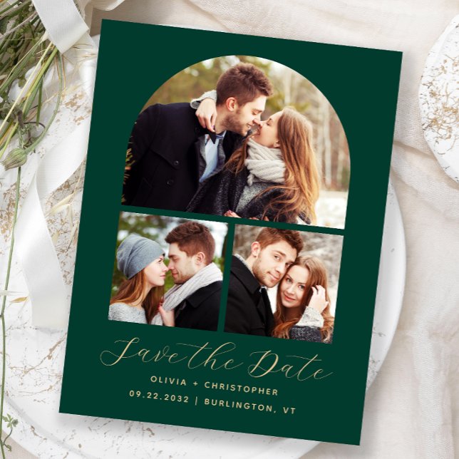3-Photo Arch Emerald Green Gold Save the Date Postcard (Creator Uploaded)