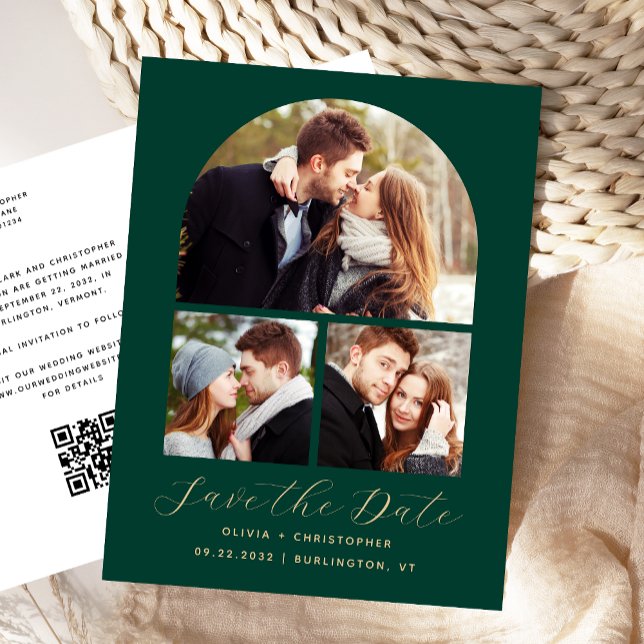 3-Photo Arch Emerald Green QR Code Save the Date Postcard (Creator Uploaded)