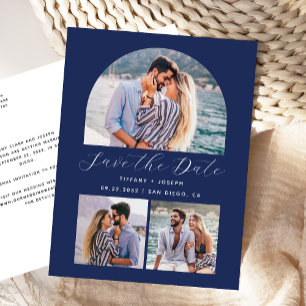 3 Photo Arch Navy Blue Save the Date Postcard