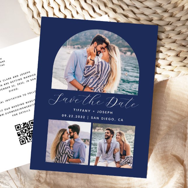 3 Photo Arch QR Code Navy Blue Save the Date Postcard (Creator Uploaded)
