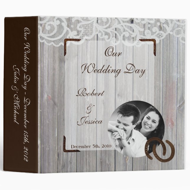 3" Photo Binder Scrapbook Horse Shoes on Wood Lace (Front/Spine)