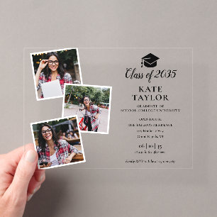3 Photo Black And Gold Graduation Party Invitation