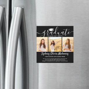 3 Photo Black Magnetic Graduation Announcement